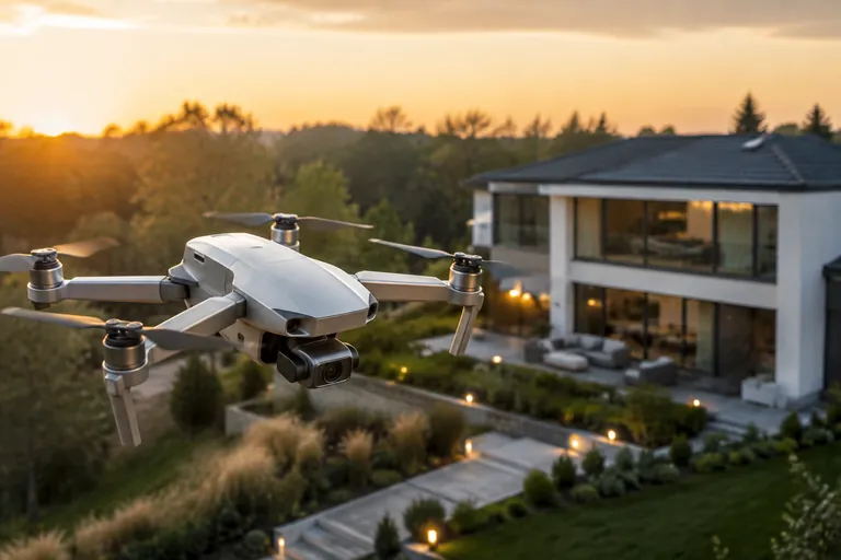 AI-generated camera drone in front of a modern house