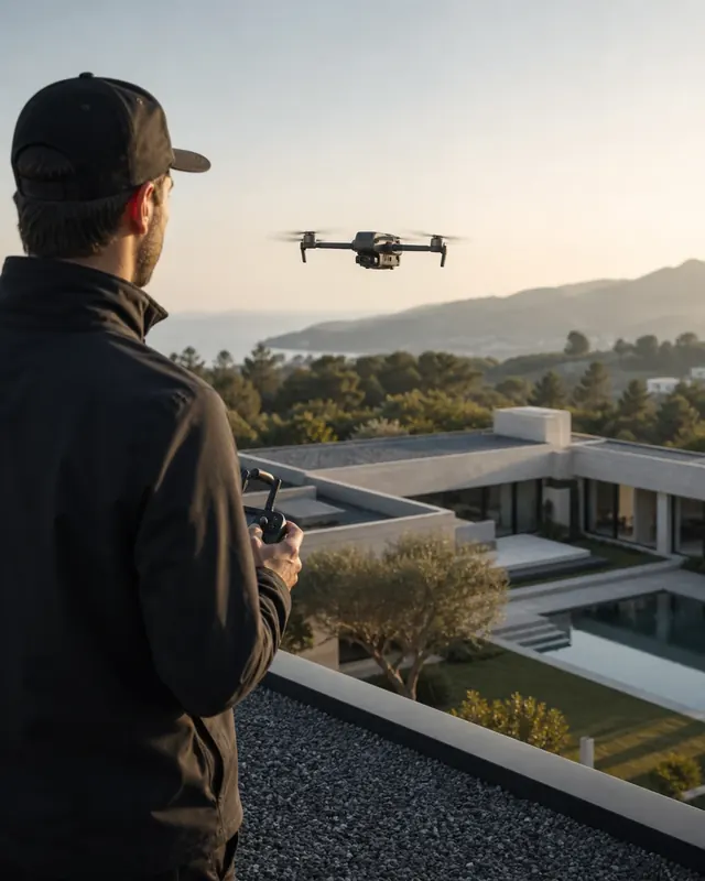 Drone flight above a modern property
